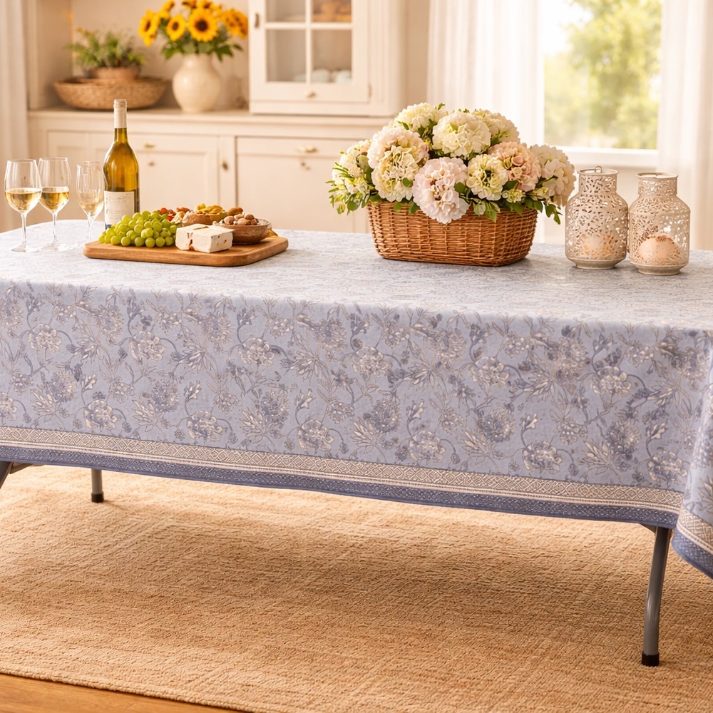 Charming Blue Floral Tablecloth